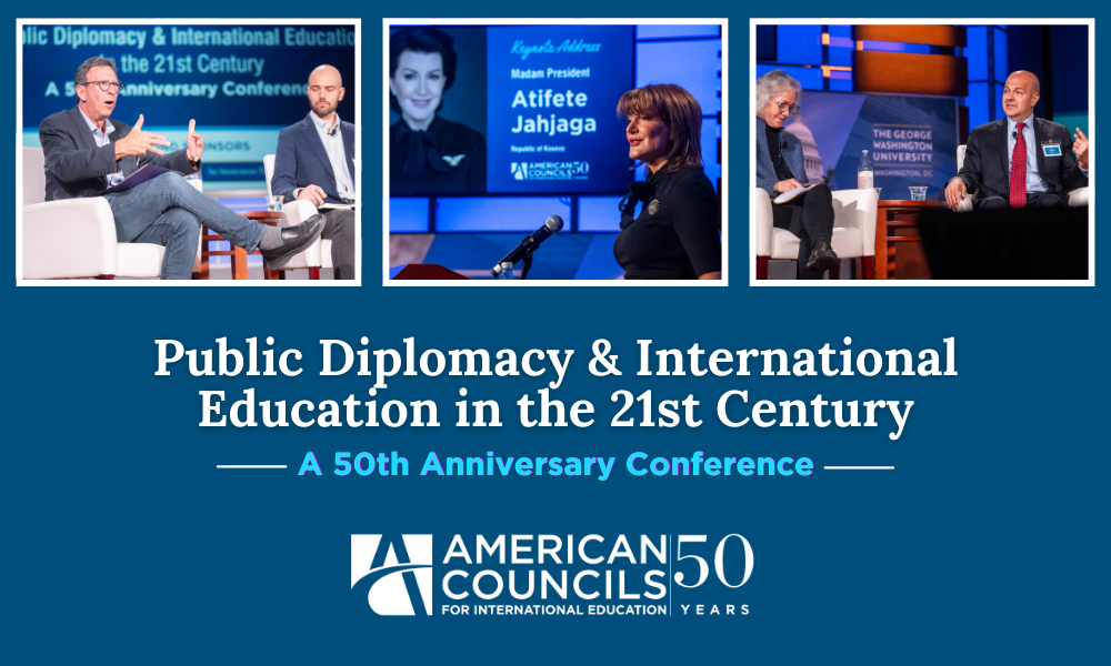 Hero Image: Blue background with the text "Public Diplomacy and International Education in the 21st Century," with the American Councils Logo. Photos of  Panel Participants Ambassador Marie Yovanovitch, Rafik Mansour, Frank Sesno, Ben Thurn, and Atifete Jahjaga