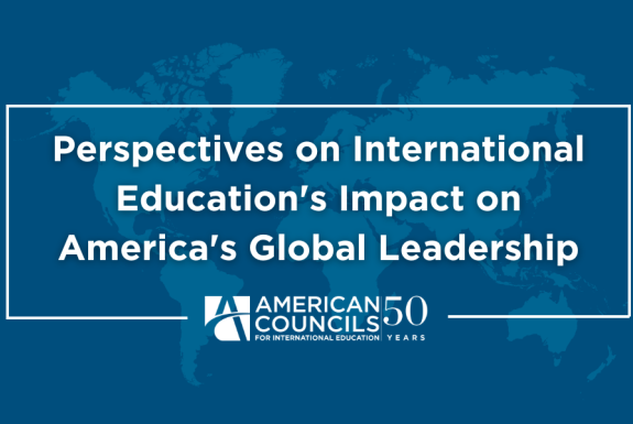 Blue graphic with white text that reads: Perspectives on International Education's Impact on America's Global Leadership