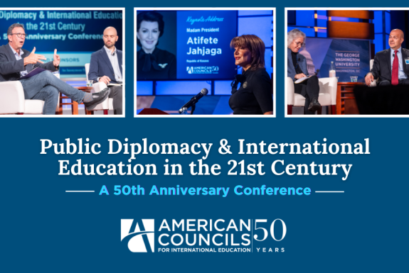 Hero Image: Blue background with the text "Public Diplomacy and International Education in the 21st Century," with the American Councils Logo. Photos of  Panel Participants Ambassador Marie Yovanovitch, Rafik Mansour, Frank Sesno, Ben Thurn, and Atifete Jahjaga