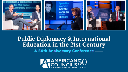 Hero Image: Blue background with the text "Public Diplomacy and International Education in the 21st Century," with the American Councils Logo. Photos of  Panel Participants Ambassador Marie Yovanovitch, Rafik Mansour, Frank Sesno, Ben Thurn, and Atifete Jahjaga